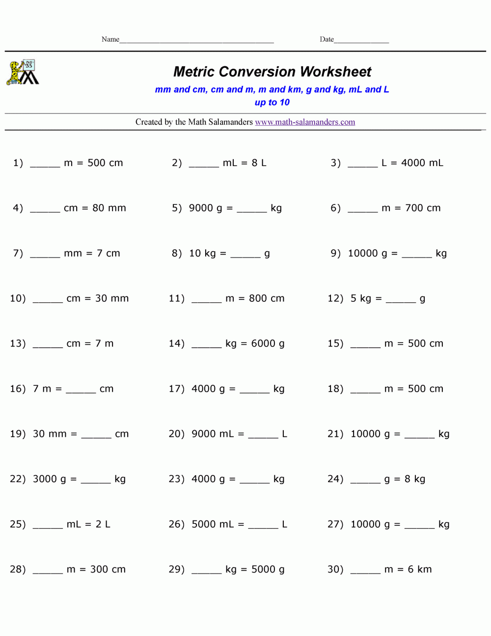 Simple Printable Metric Conversion Quiz