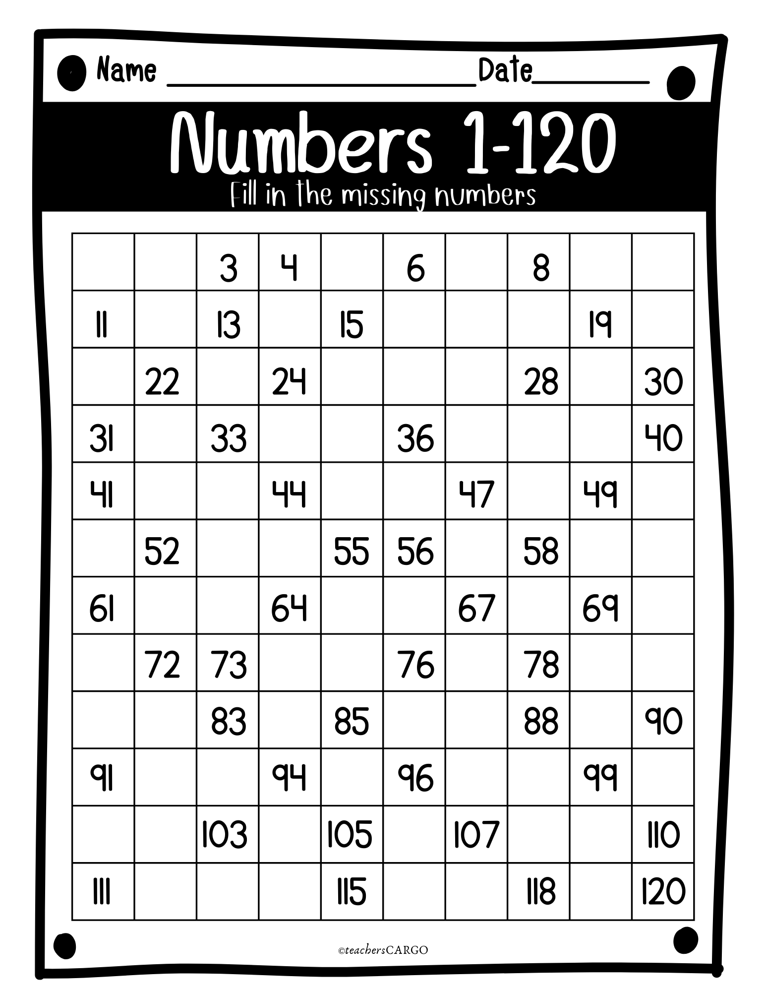 Printable Blank Number Chart 1-120