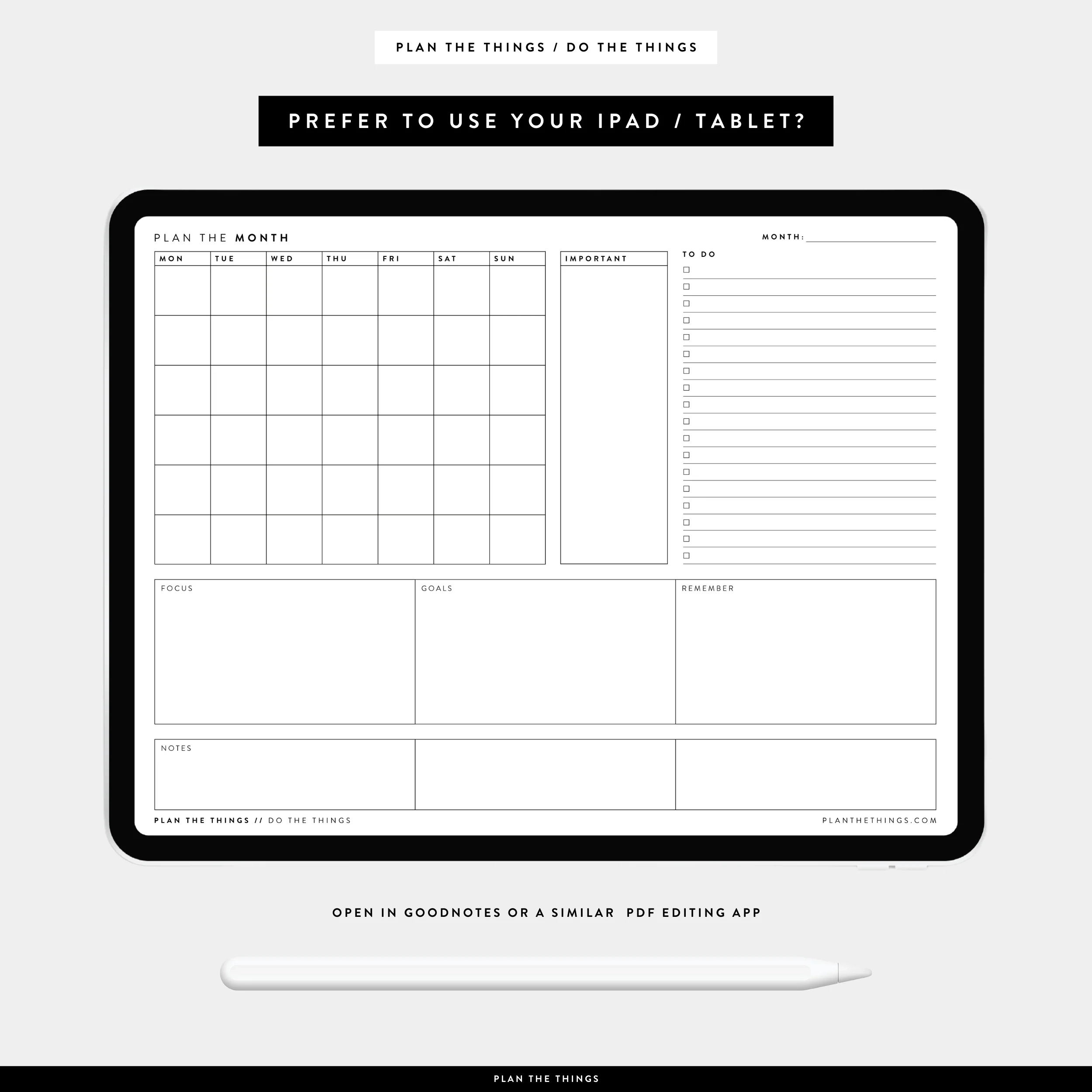 Month At A Glance Monthly Dashboard Undated Printable Planner Inse Plan The Things