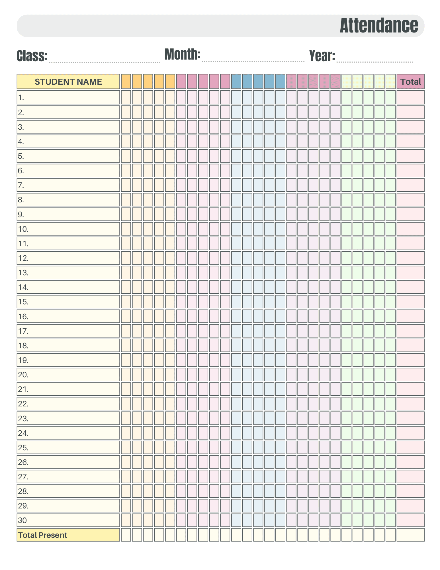 Attendance Sheet Full Year Printable Attendance Sheet Full Year Printable