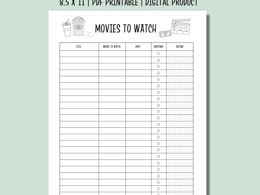 Movies To Watch Printable List Movie Tracker Instant Download Movie List Movie Planner Film Log Etsy