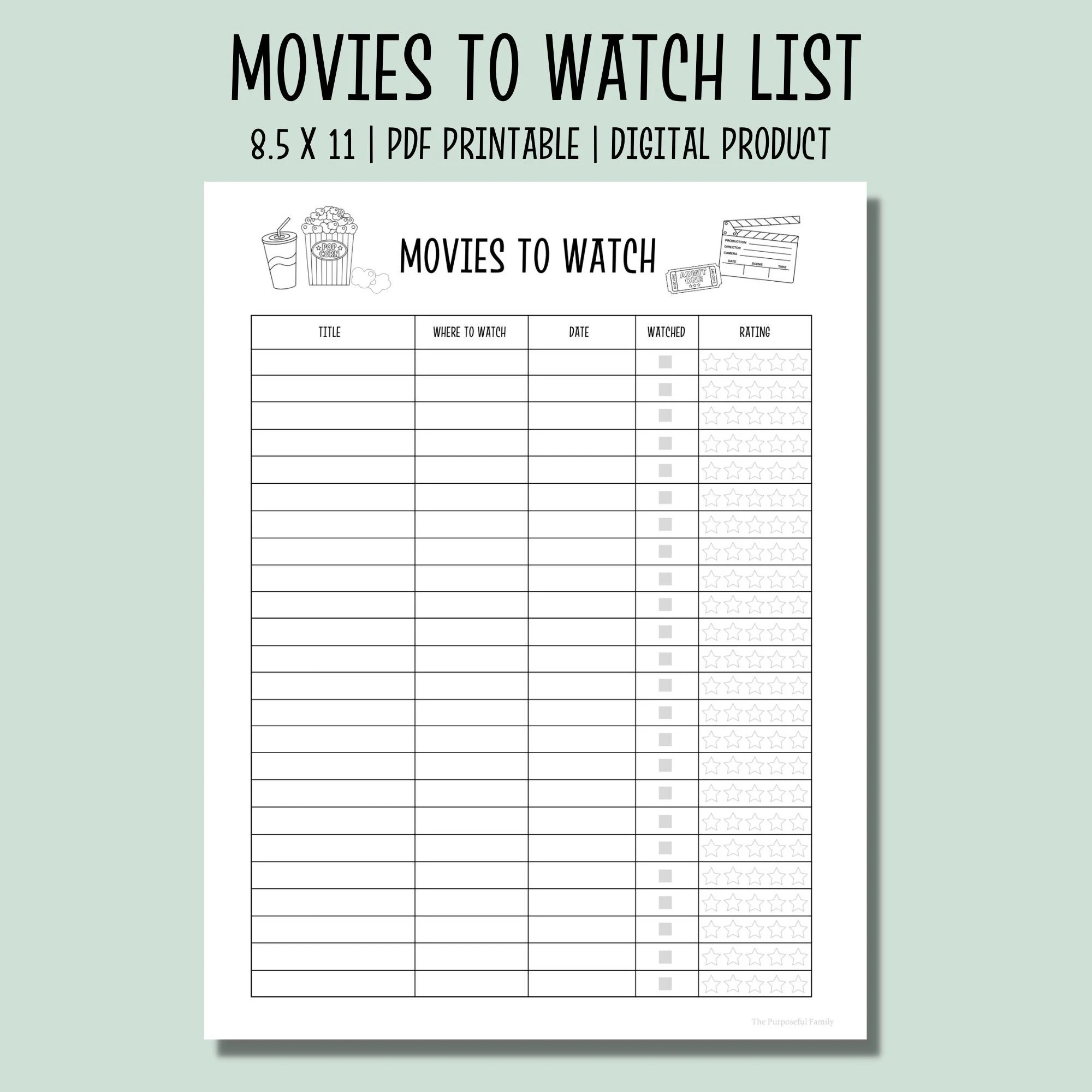 Movies To Watch Printable List Movie Tracker Instant Download Movie List Movie Planner Film Log Etsy