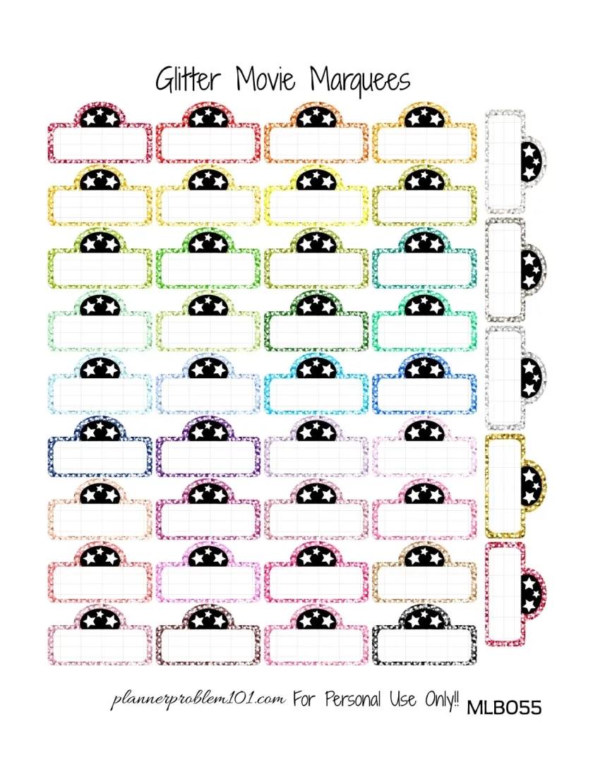 Multicolor Movie Marquees Glitter Solid Free Printable Planner Stickers PlannerProblem
