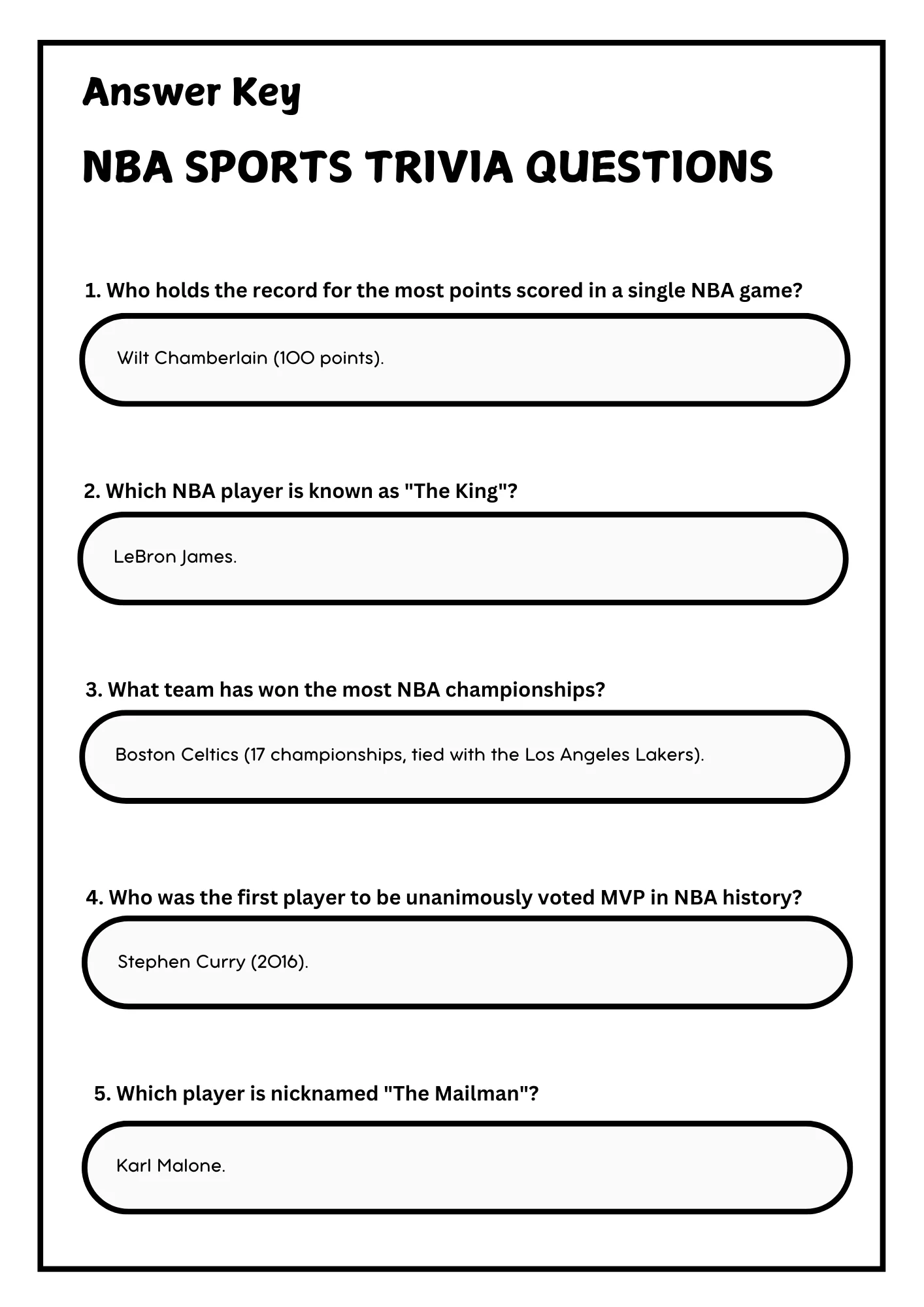NBA Sports Trivia 10 Fun Questions Answers Printable Worksheet Study Prints
