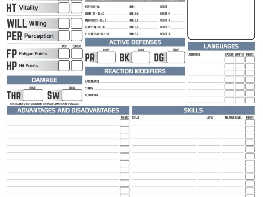 New Printable Character Sheets For GURPS 4e English And Portuguese BR R gurps