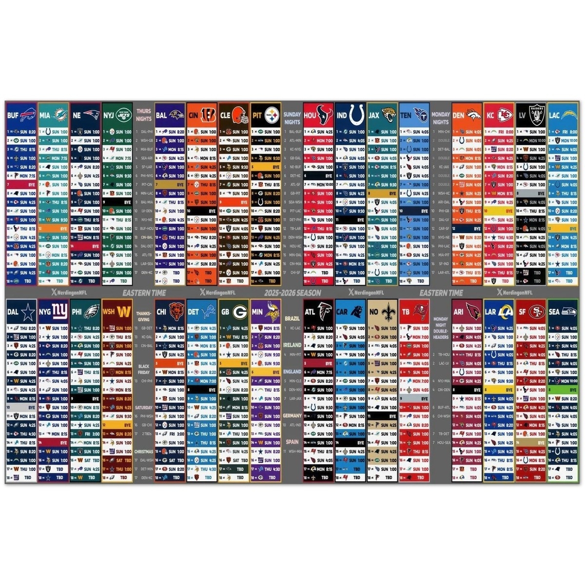 NFL 2025 2026 Season Schedule Poster Eastern Time EBay