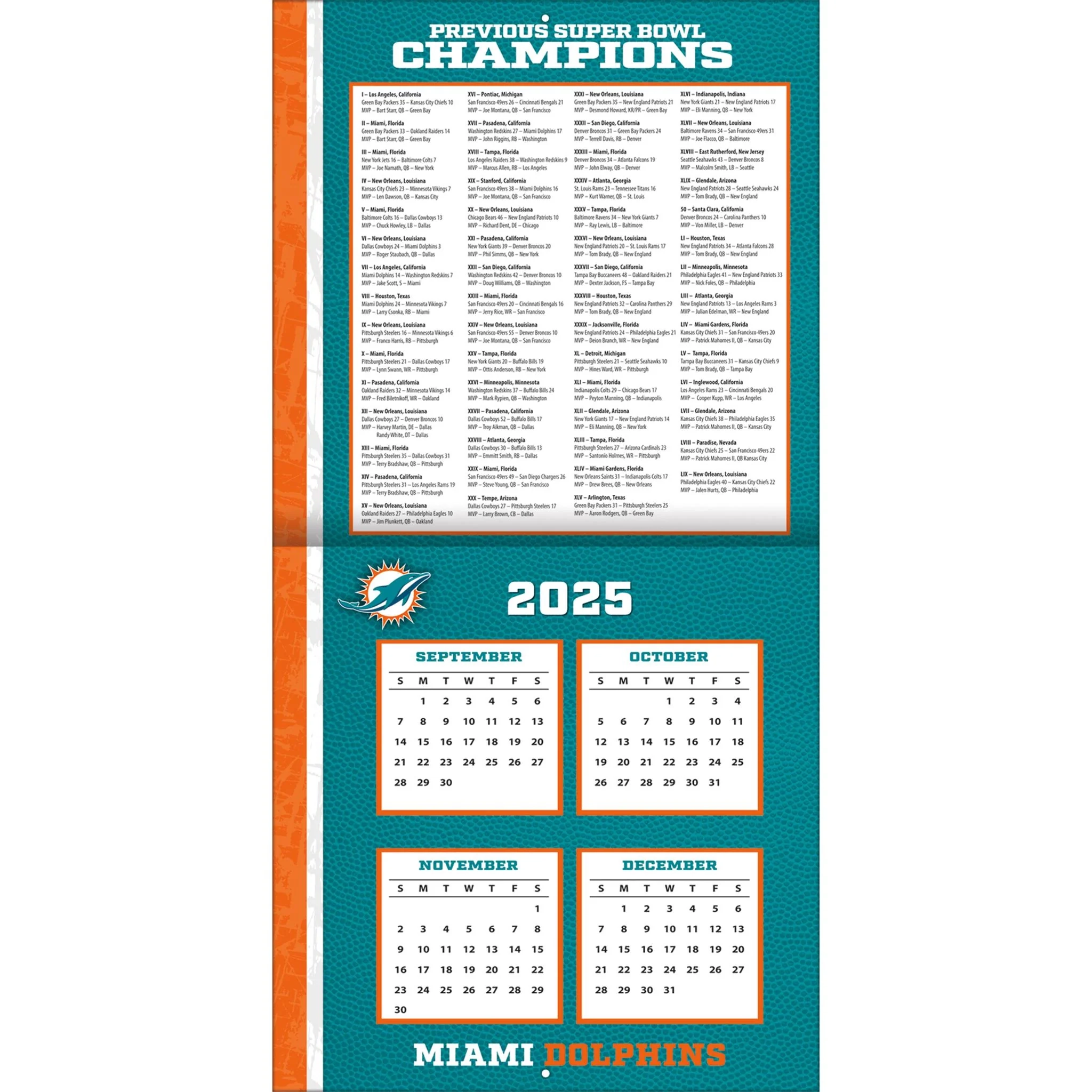 NFL Miami Dolphins 2026 Wall Calendar Online Only