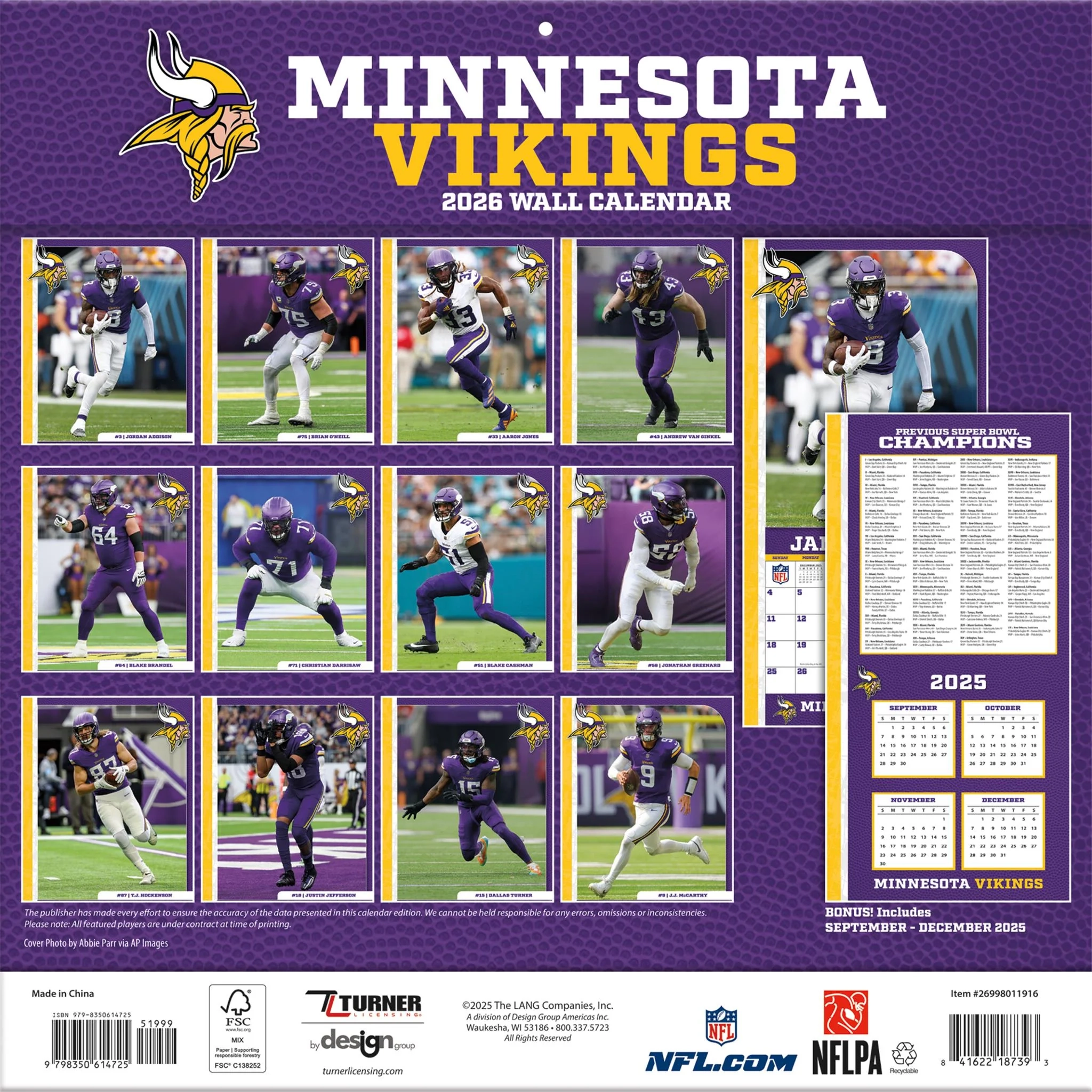 NFL Minnesota Vikings 2026 Wall Calendar NFL Minnesota Vikings 2026 Wall Calendar