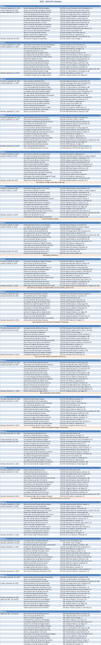 Printable Full Nfl Weekly Schedule 2026 Printable Full Nfl Weekly Schedule 2026