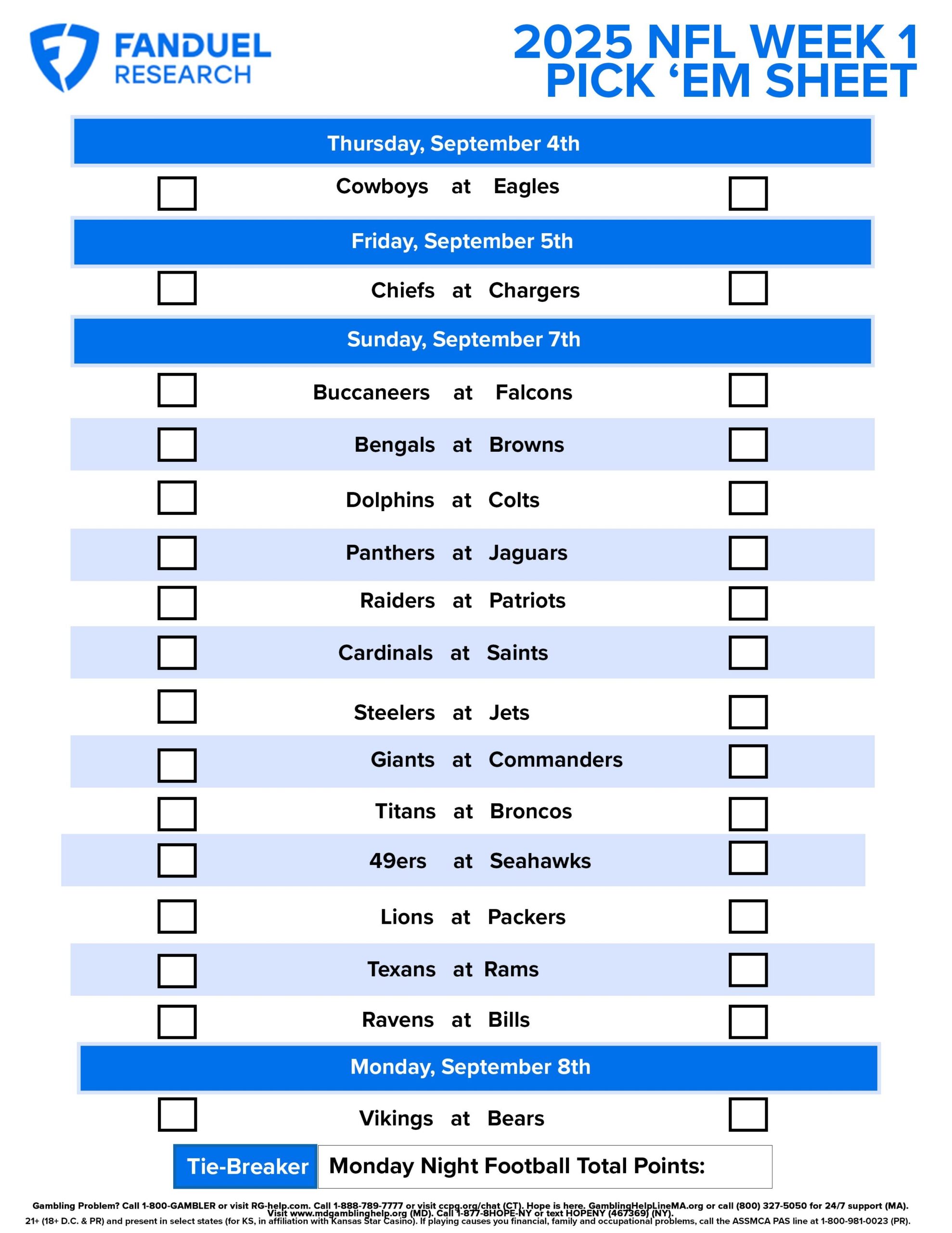 NFL Week 1 Pick Em Sheet Free Printable Schedule And Betting Odds FanDuel Research