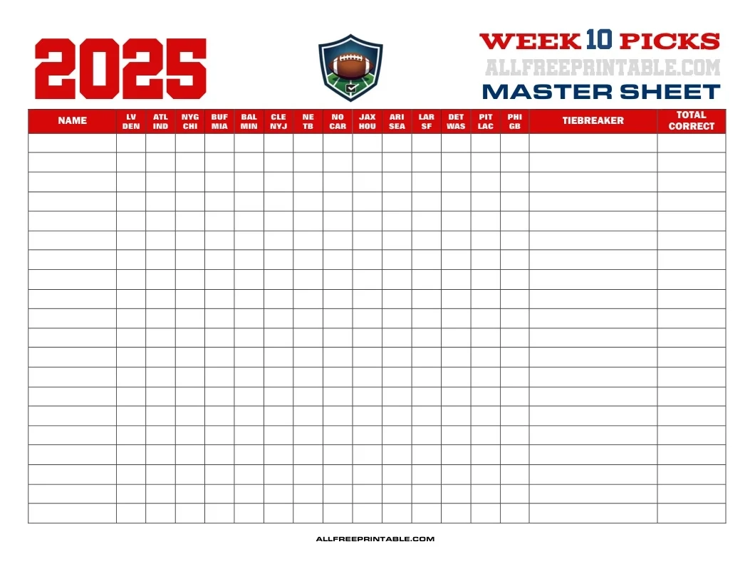 NFL Week 10 Pick em Master Sheet 2025 Free Printable