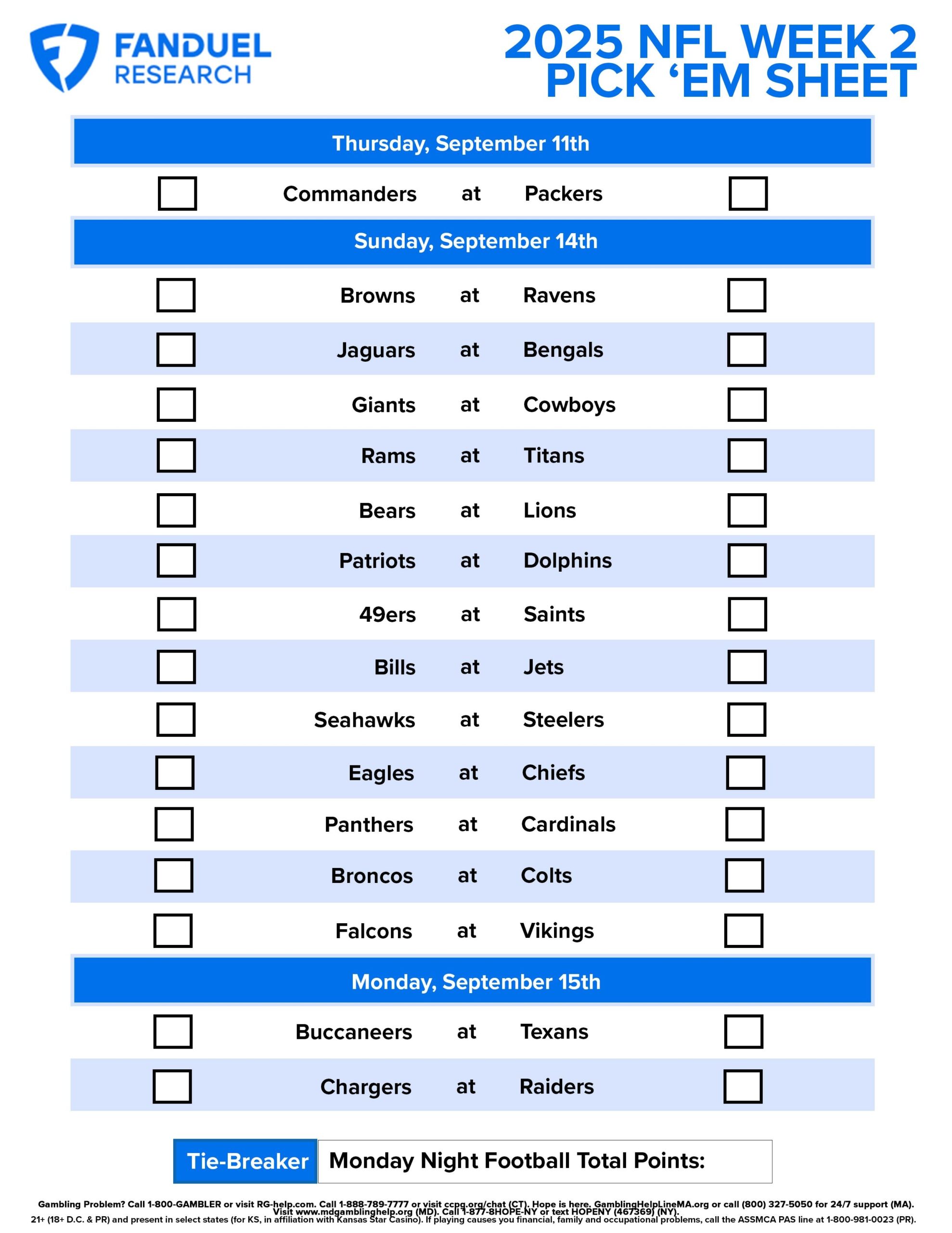 NFL Week 2 Pick Em Sheet Free Printable Schedule And Betting Odds FanDuel Research