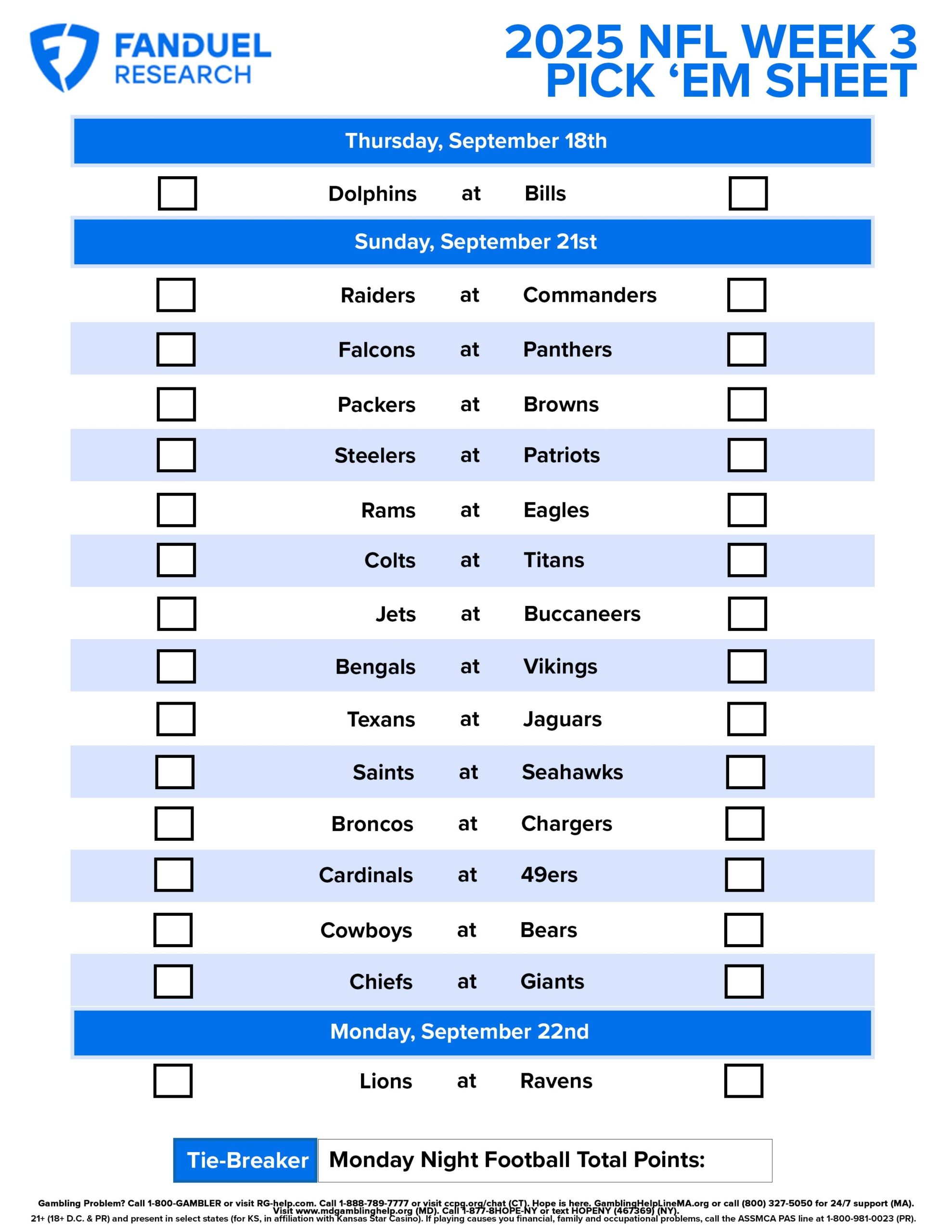 NFL Week 3 Pick Em Sheet Free Printable Schedule And Betting Odds FanDuel Research
