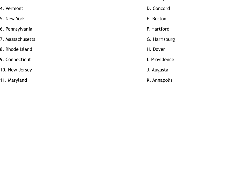 Northeast States And Capitals Matching Worksheet WordMint