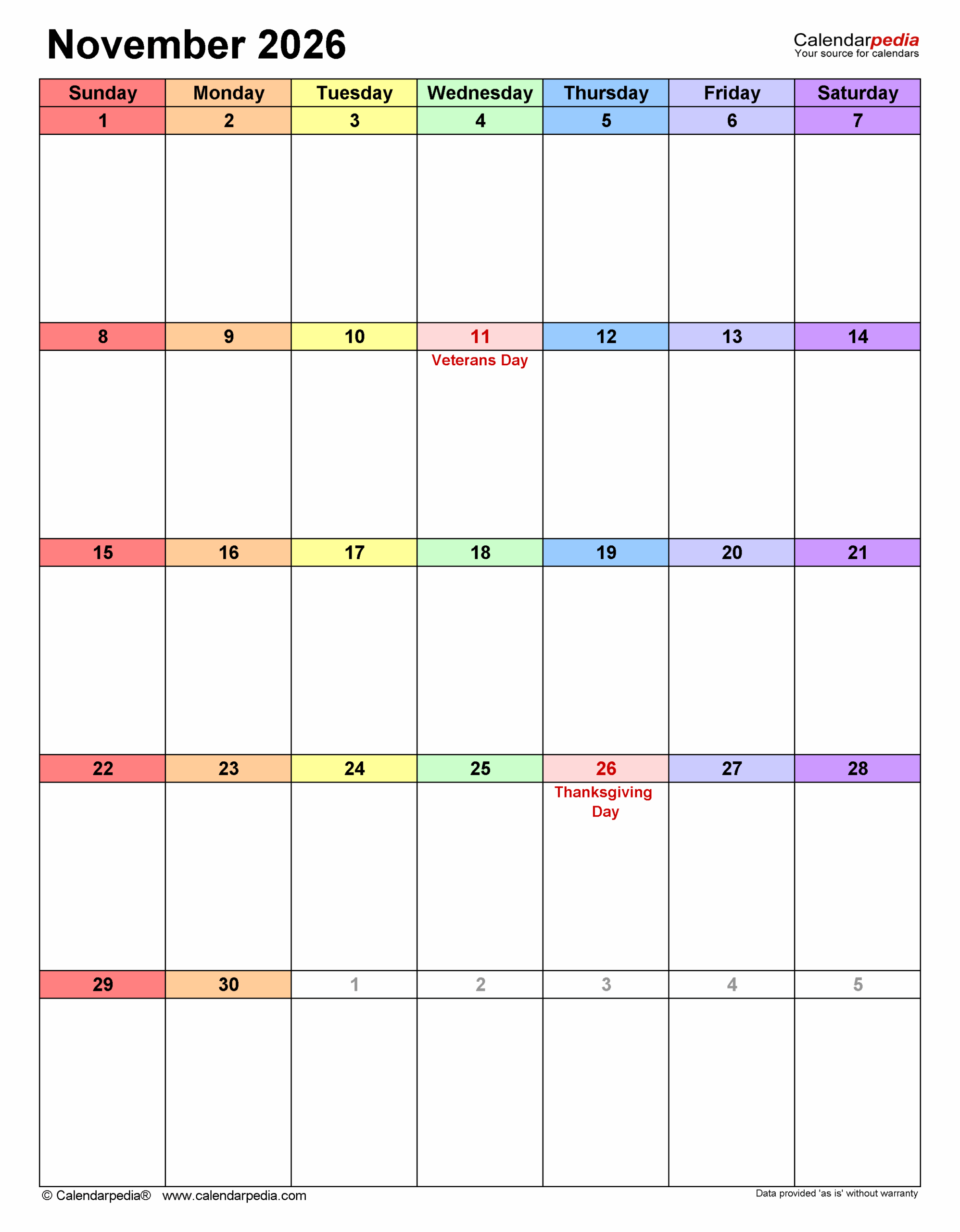 November 2026 Calendar Templates For PDF Excel And Word