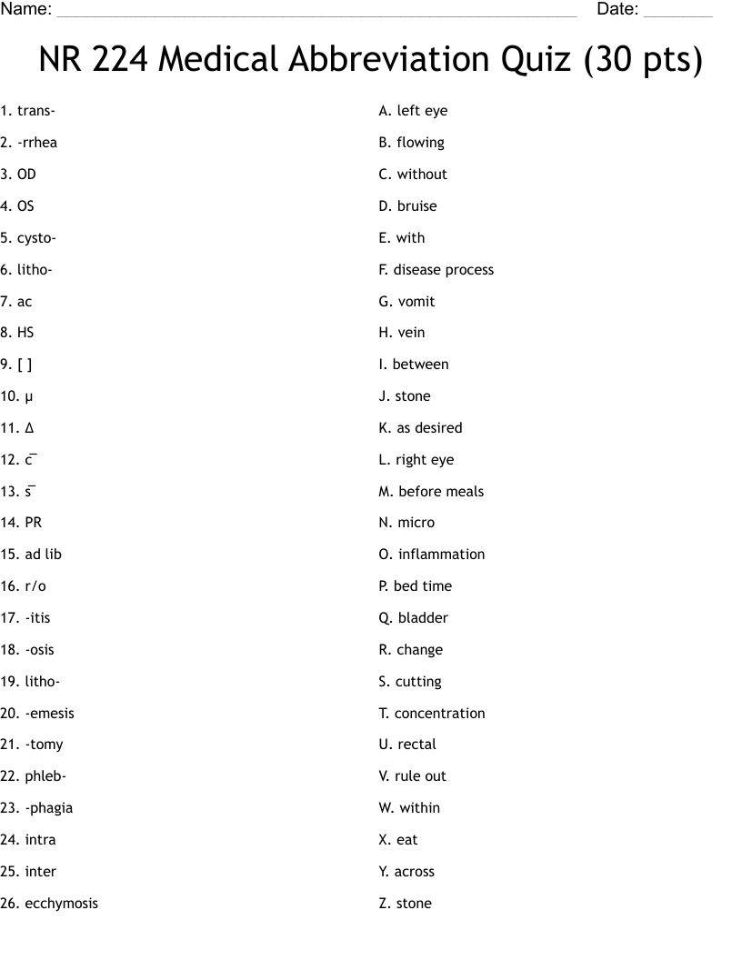 NR 224 Medical Abbreviation Quiz 30 Pts Worksheet WordMint