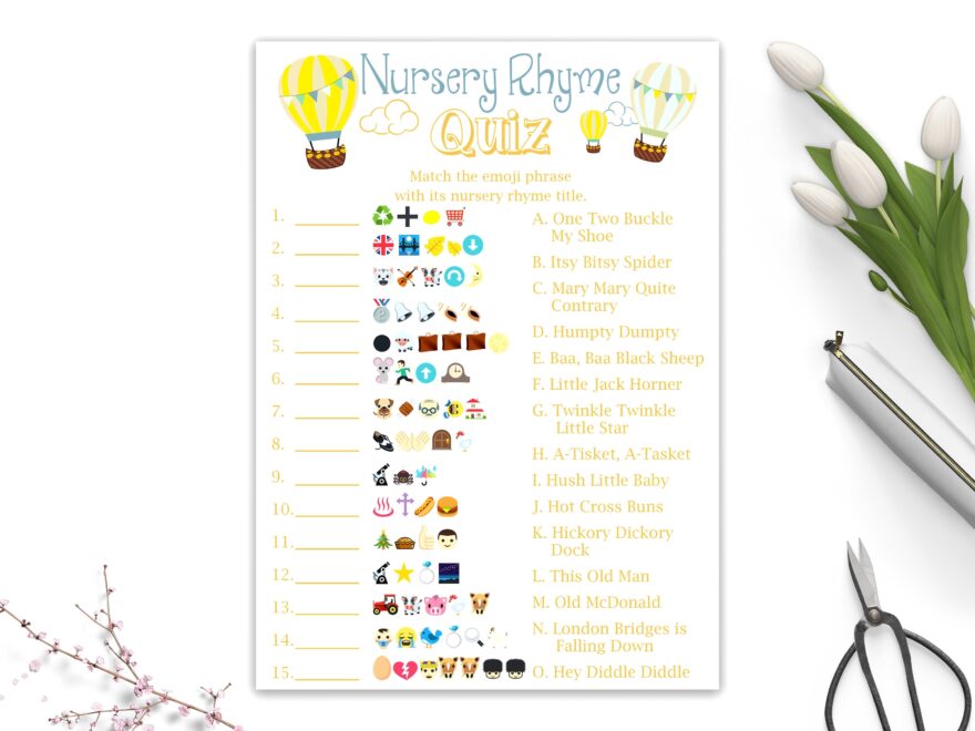 Nursery Rhyme Quiz Emoji baby Shower Game Gender Neutral Hot Air Balloons Printable Game Etsy