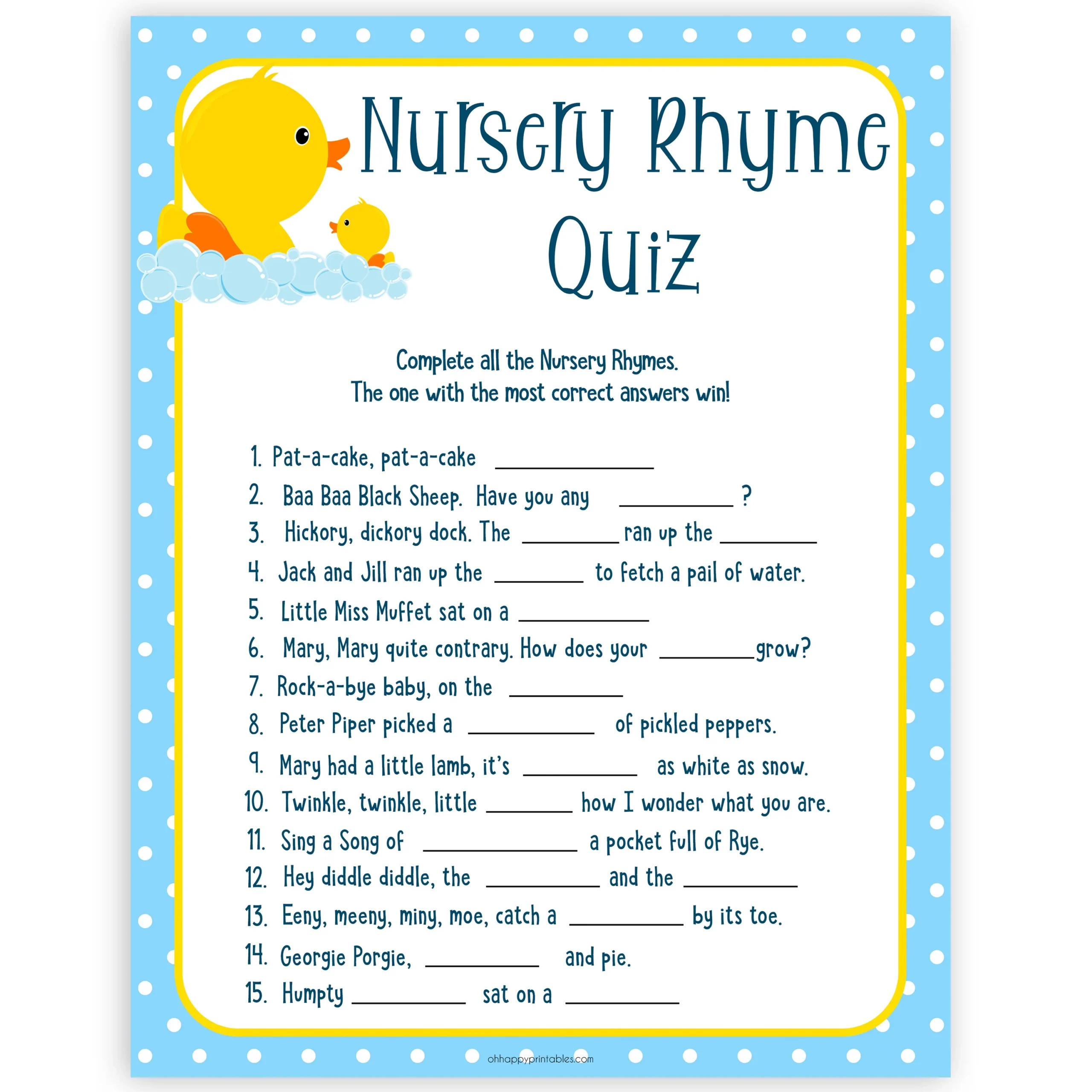 Nursery Rhyme Quiz Game Rubber Ducky Printable Baby Games OhHappyPrintables