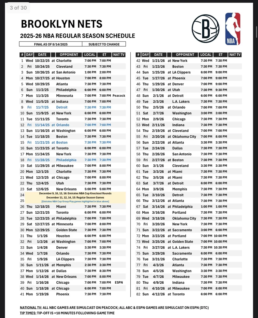 Official 2025 2026 Schedule First Game Vs The Hornets Home Opener Vs The Cavs R GoNets