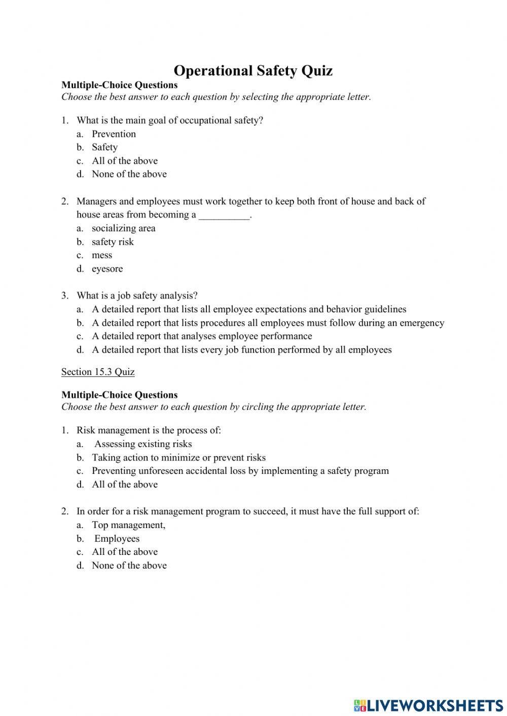 Printable Workplace Safety Quiz With Answers Printable Workplace Safety Quiz With Answers