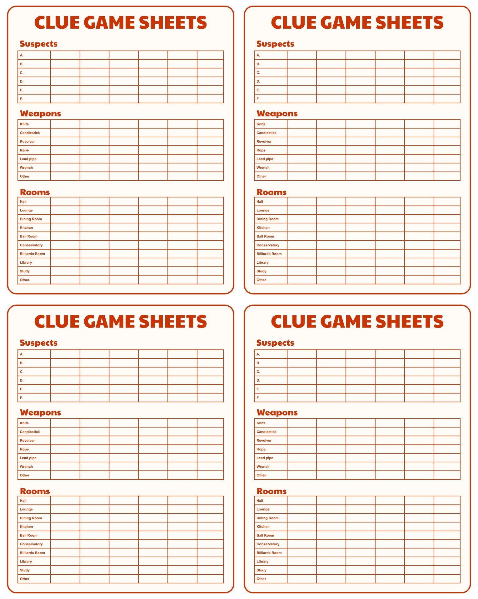 Clue Score Sheet Printable