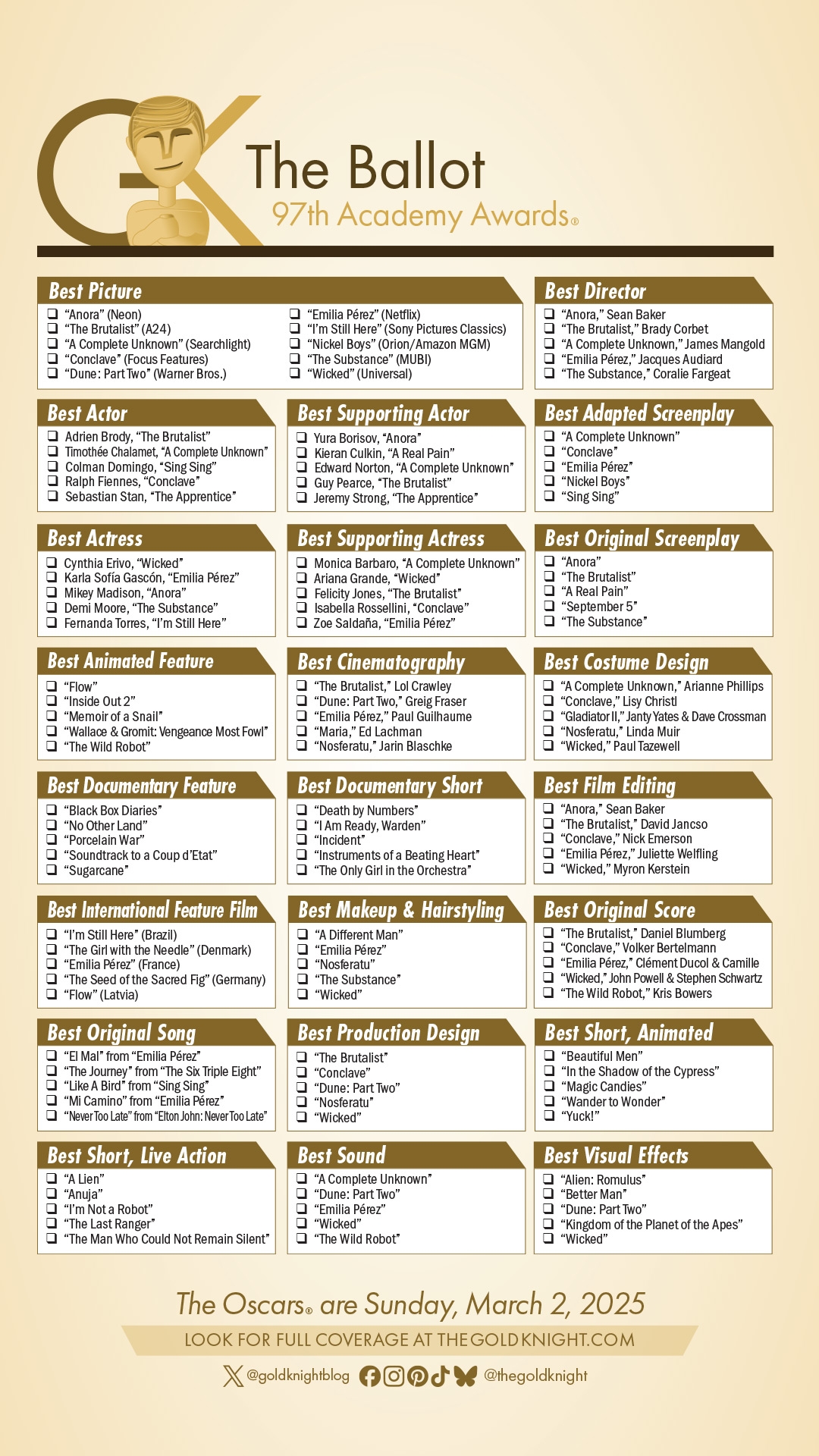 Oscars 2025 Download Our Printable Ballot The Gold Knight Latest Academy Awards News And Insight Oscars 2025 Download Our Printable Ballot The Gold Knight Latest Academy Awards News And Insight