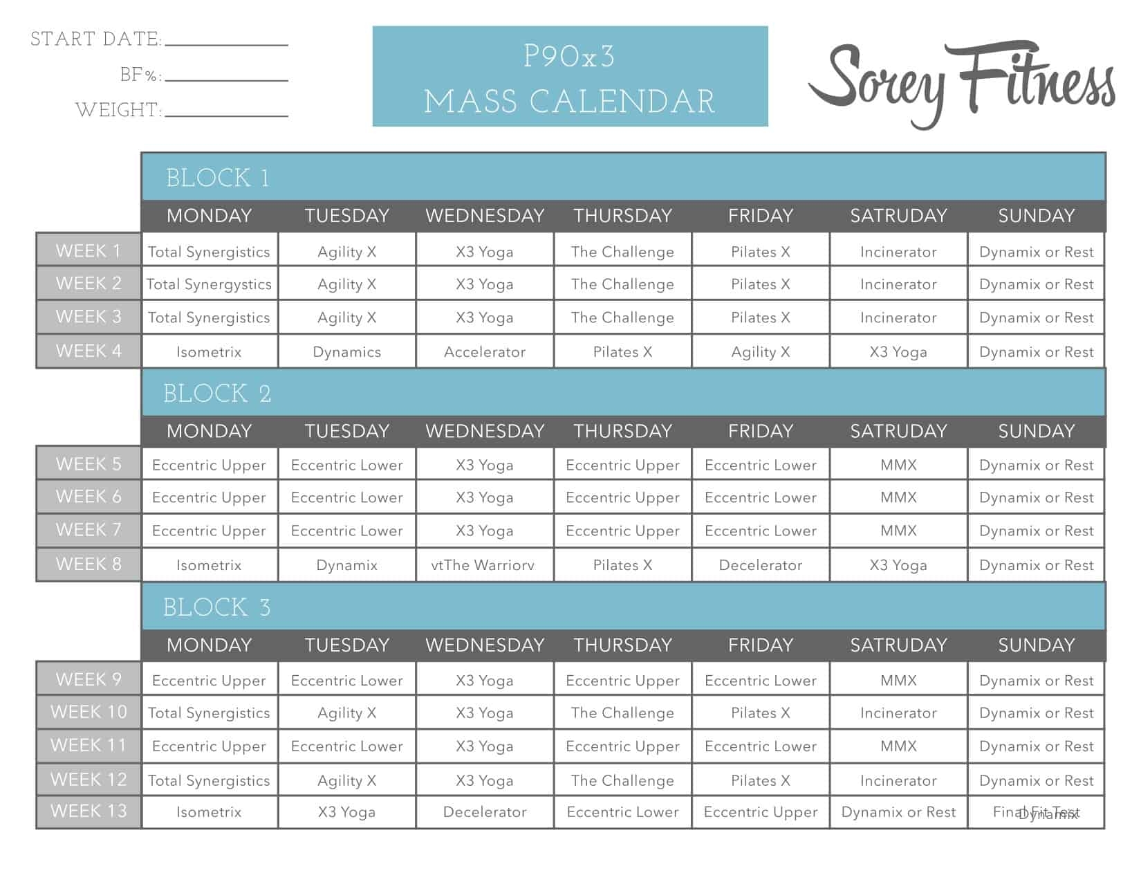 P90X3 Workout Schedule Lean Mass Classic Doubles PDFs Printable 