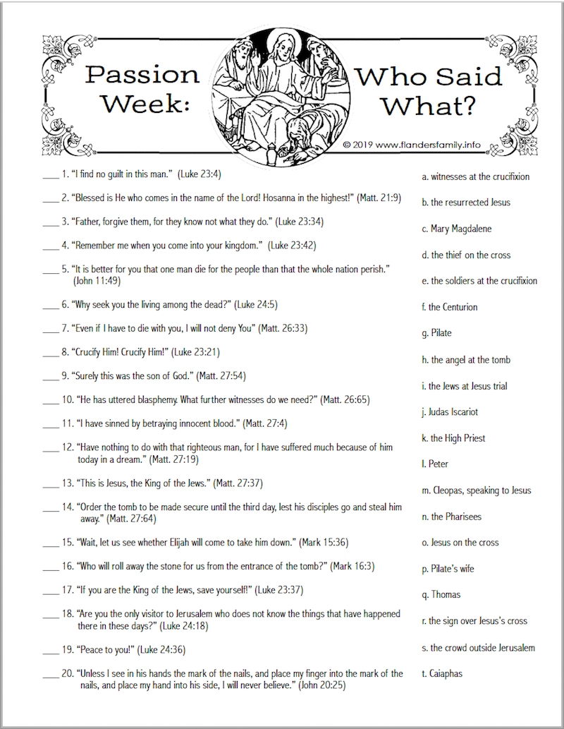 Passion Week Quiz Free Printable Flanders Family Home Life