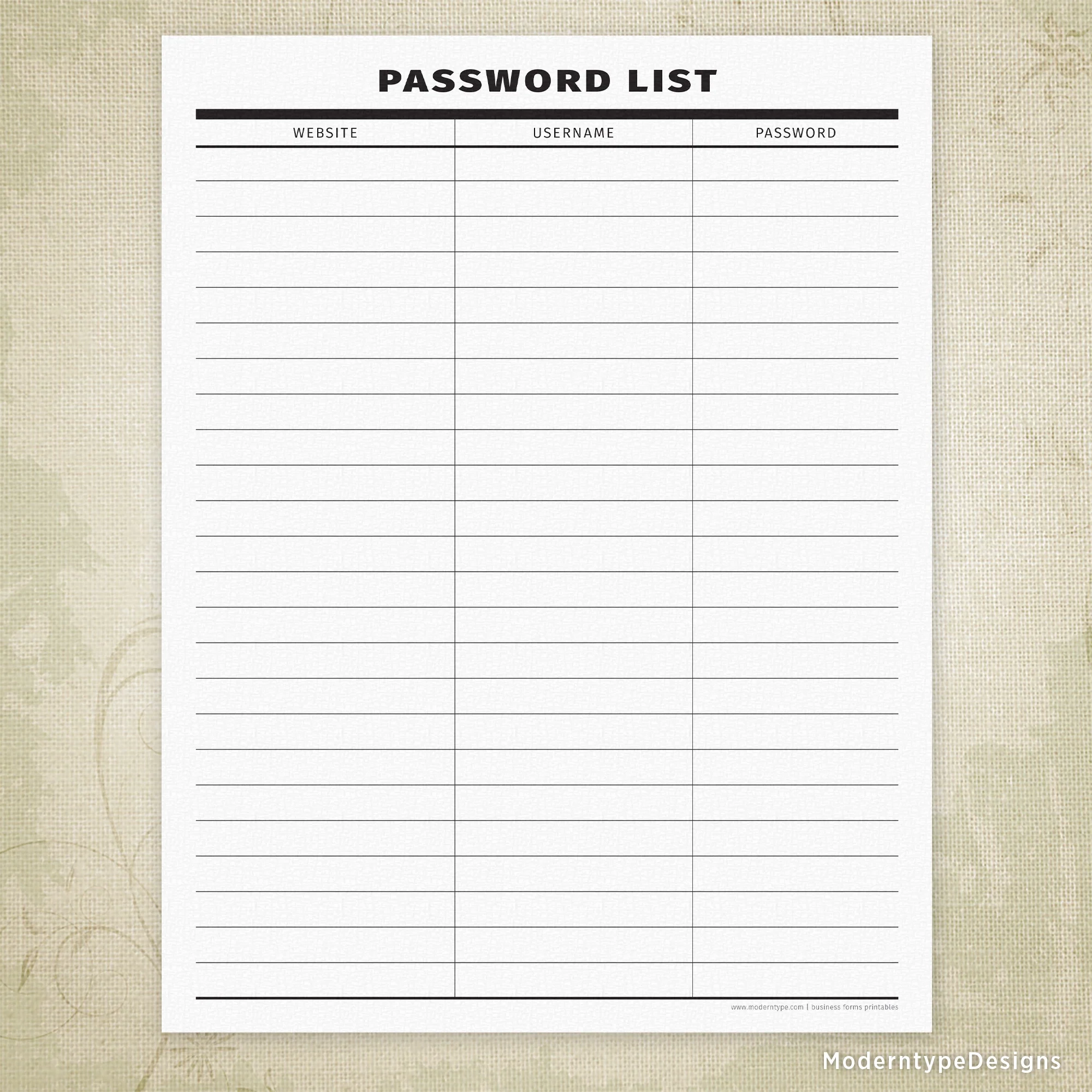 Printable Username And Password List