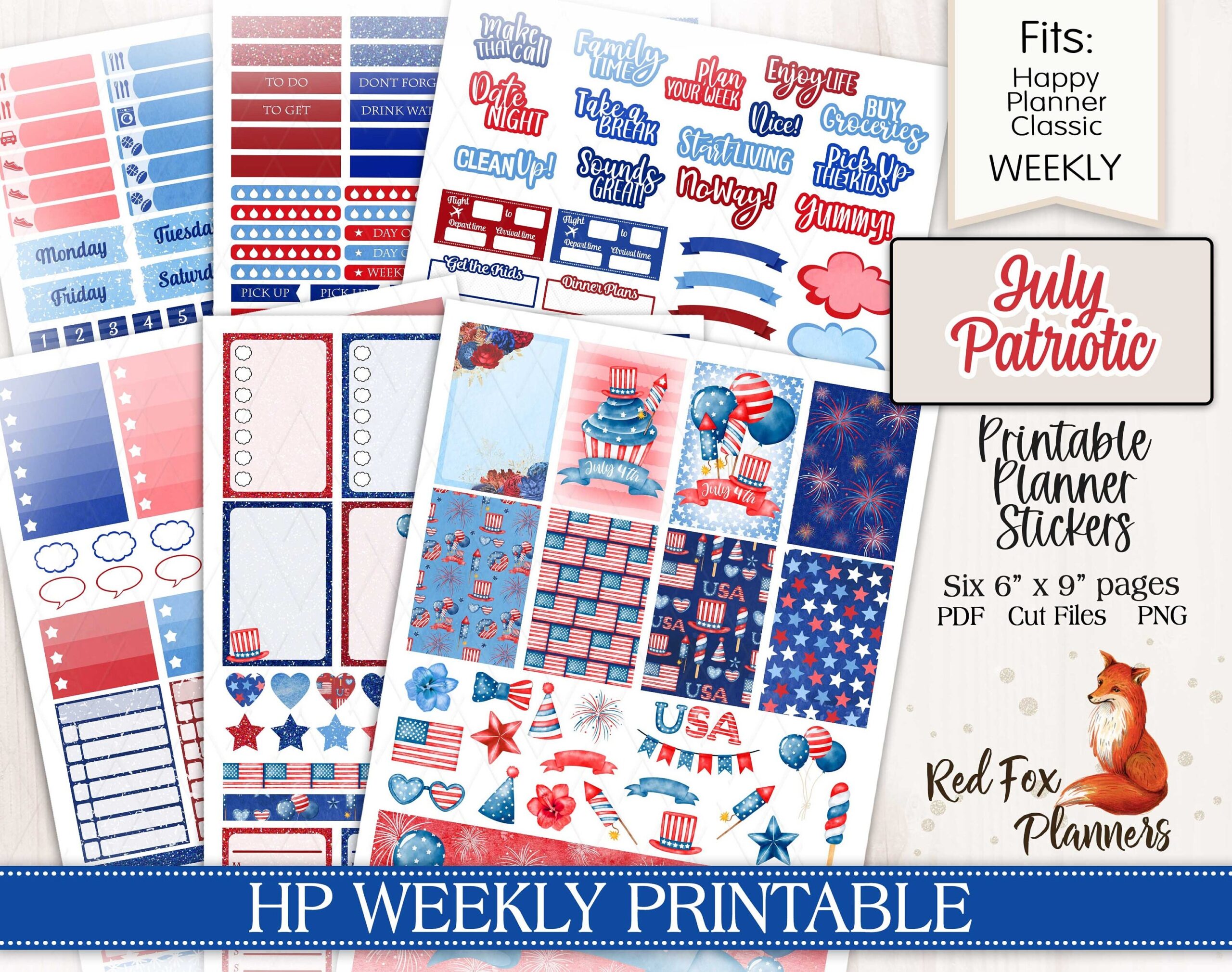 PATRIOTIC Happy Planner Classic HP Printable Weekly Planner Stickers July 4th Independence Day American USA Patriotic Flags Etsy