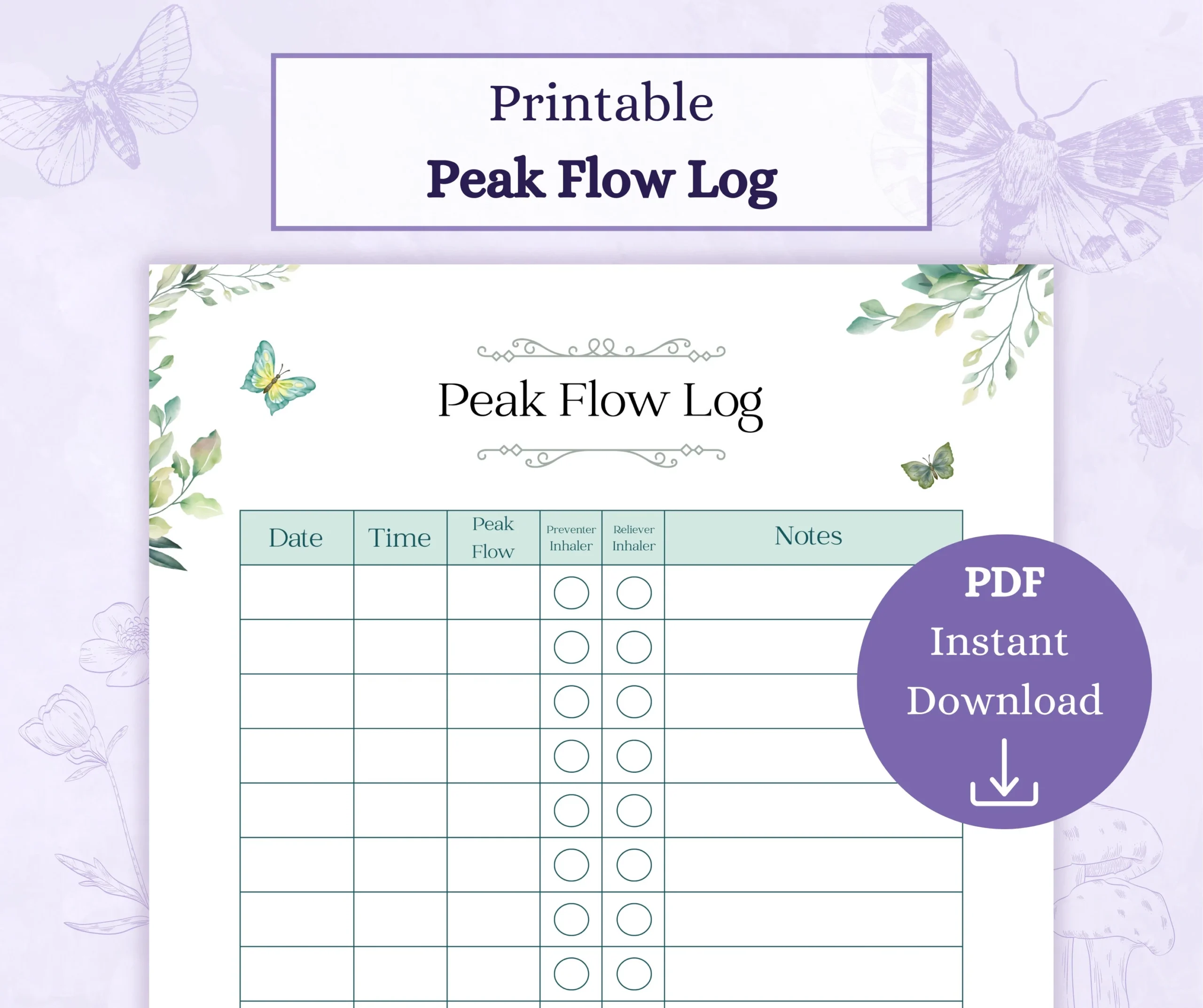 Peak Flow Log Printable PDF Peak Flow Chart Asthma Tracker Medical Diary Asthma Journal Breathing Tracker Etsy