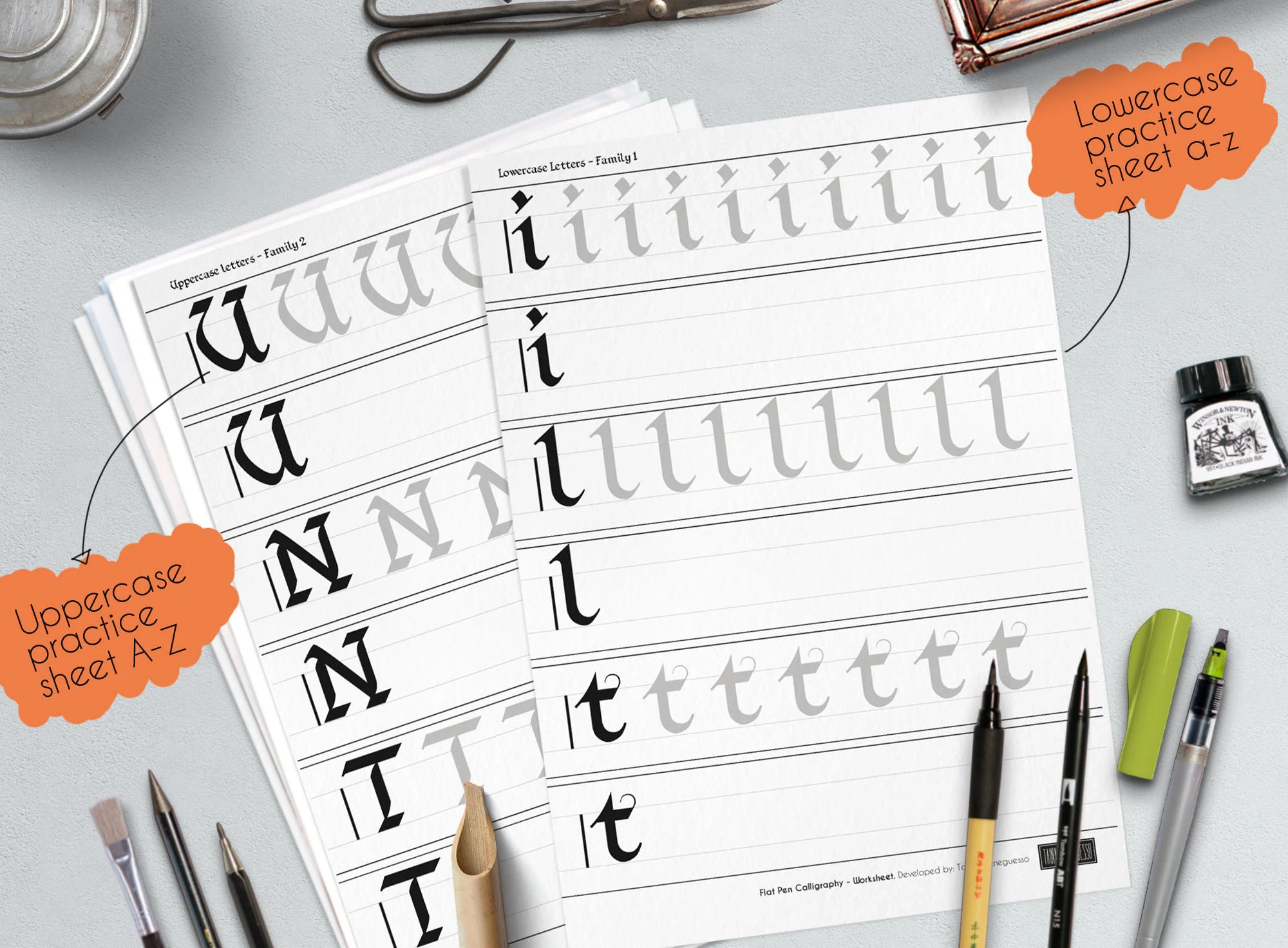 Pen Calligraphy Printable Worksheets A Complete Guide Aa zz Alphabet Numbers And 26 Words Style P5 Etsy