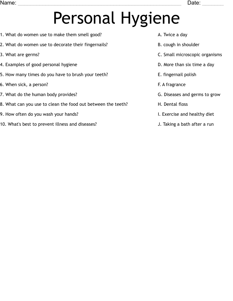 Personal Hygiene Worksheet WordMint