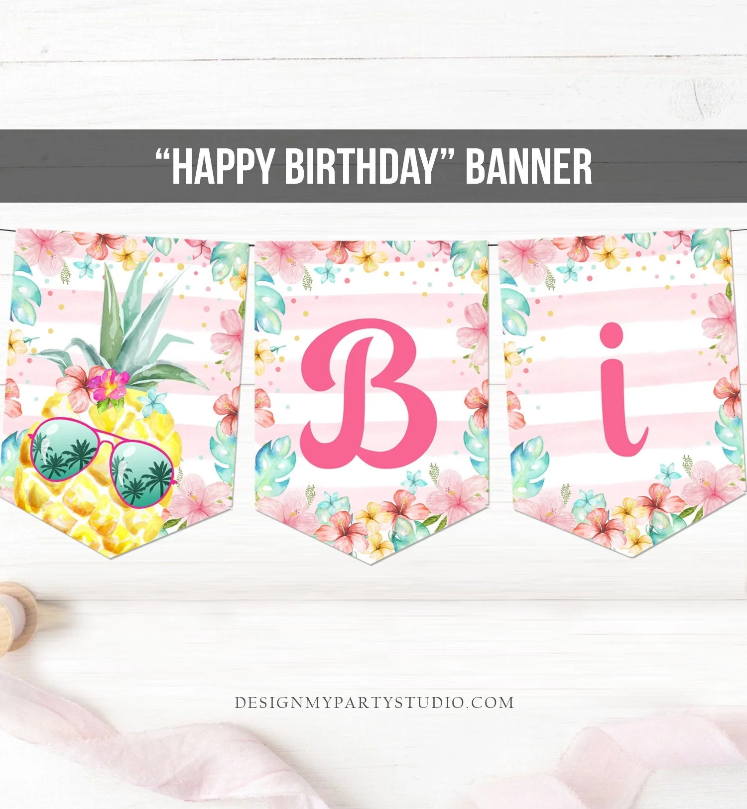 Pineapple Happy Birthday Banner Aloha Tropical Pink Hawaiian Luau Part Design My Party Studio