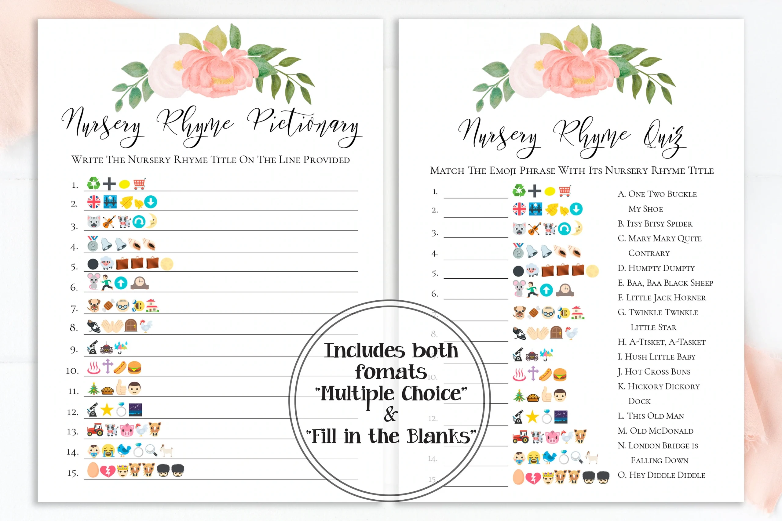 Pink Floral Baby Shower Game Emoji Nursery Rhyme Quiz Printable Etsy