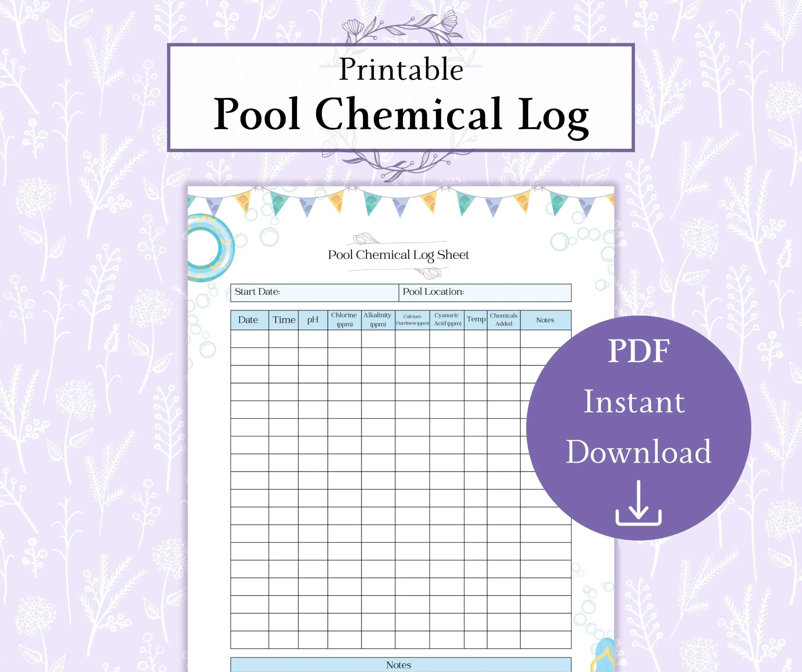 Pool Chemical Log Sheet Printable PDF Pool Balance Tracker Swimming Pool Chemical Record Pool Essentials Etsy