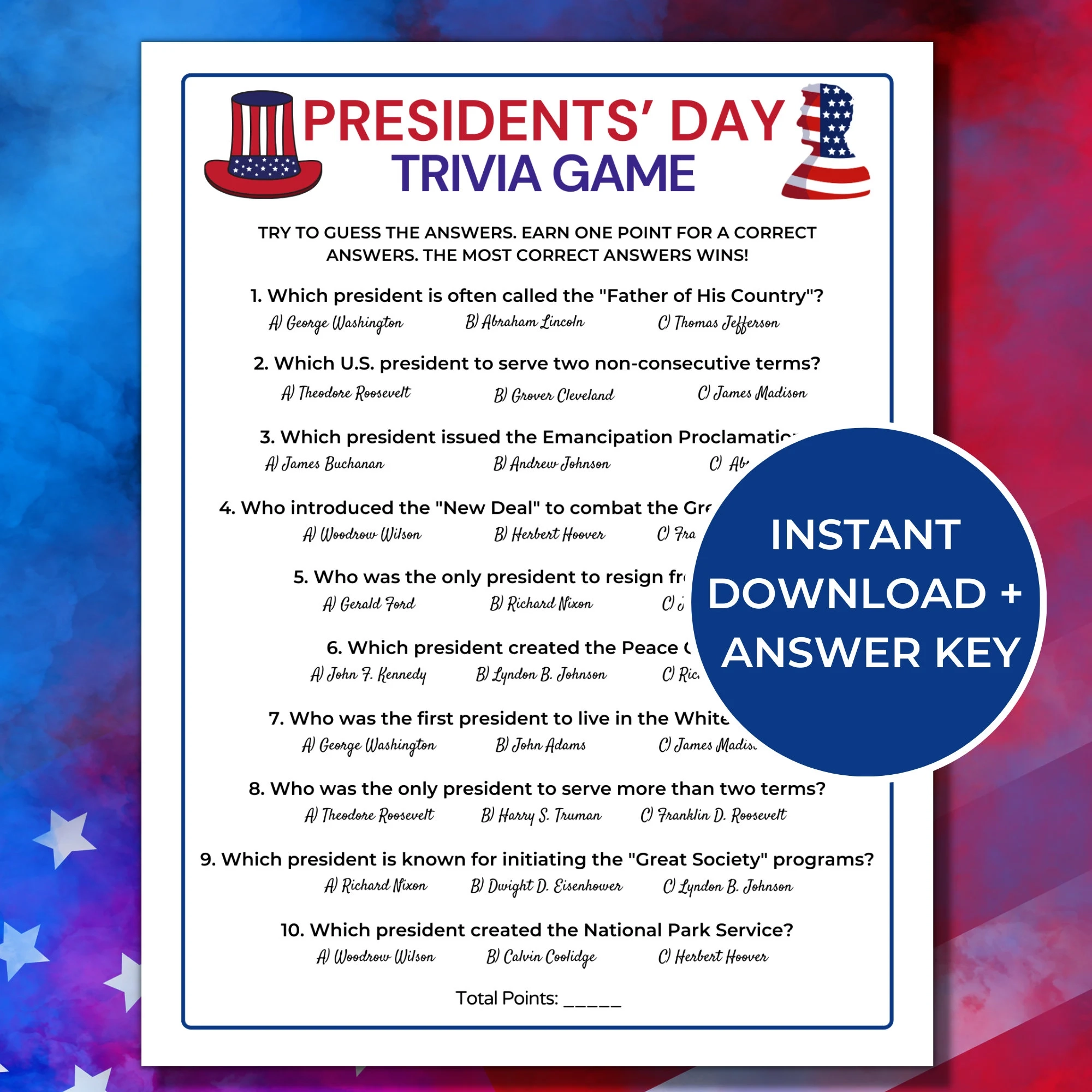 Presidents Day Trivia Game Printable Presidents Day Games US Presidents Questions And Answers Etsy Israel
