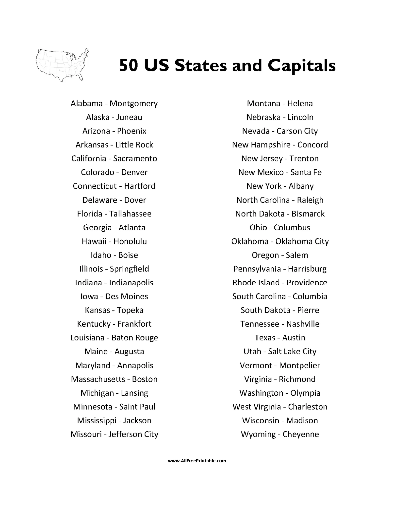 Print 50 States And Capitals List Free Printable Print 50 States And Capitals List Free Printable