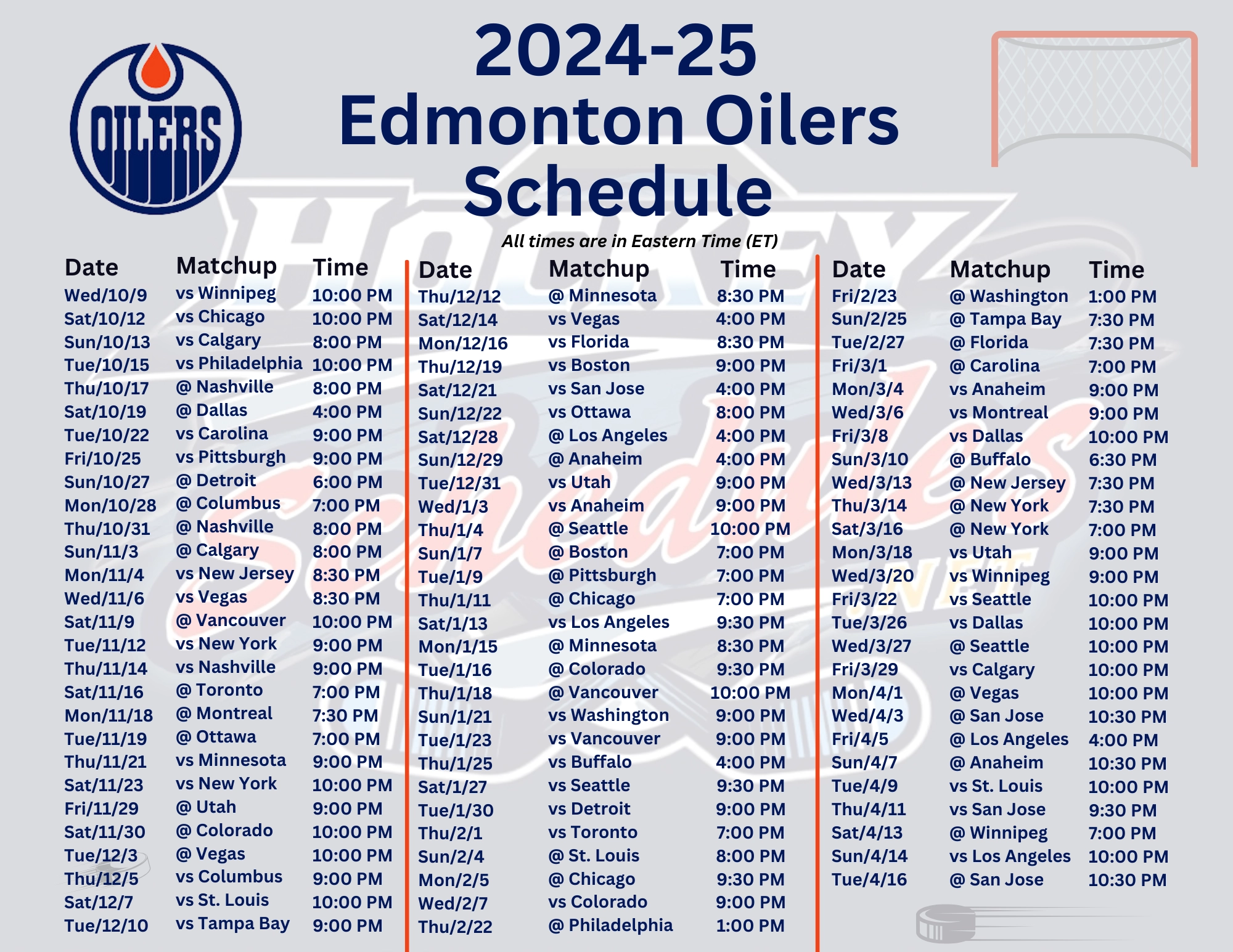 Printable Oilers Home Schedule