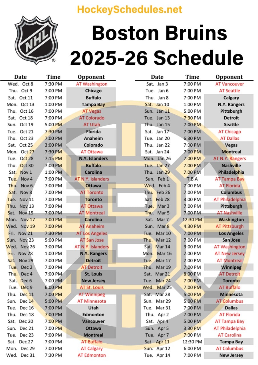Boston Bruins Schedule 2025-26 Printable Boston Bruins Schedule 2025-26 Printable