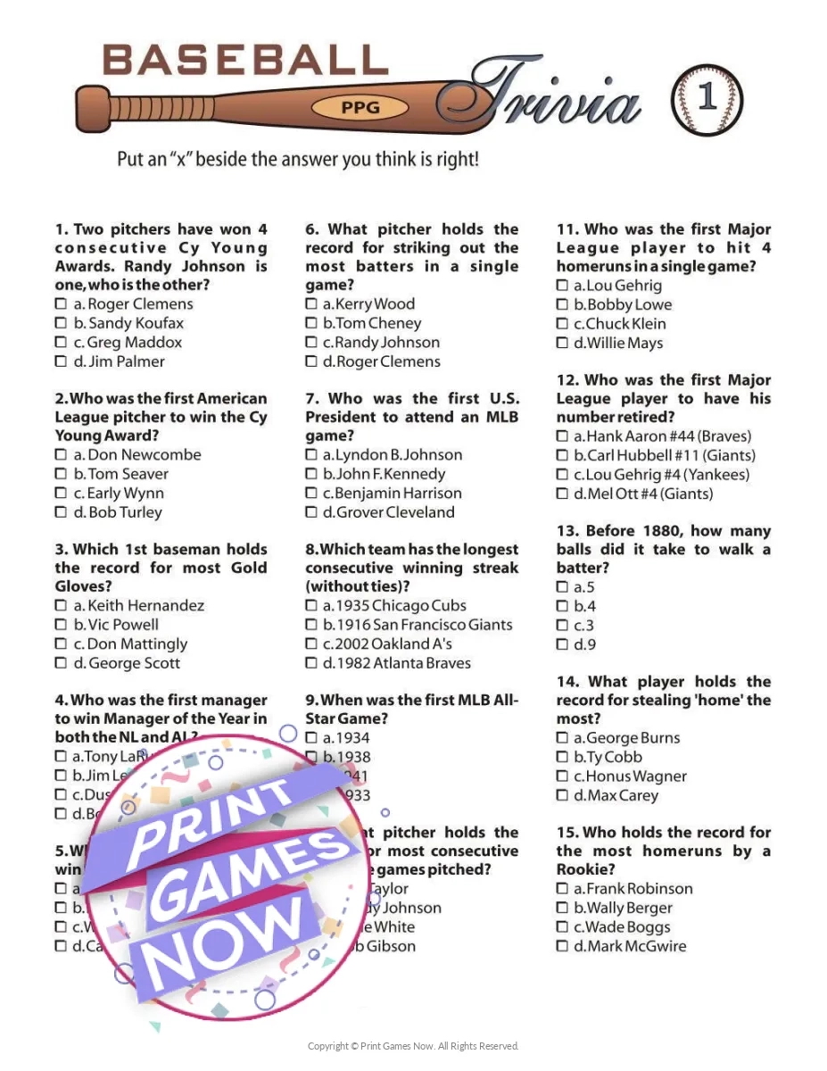 Printable Baseball Trivia Party Game Print Games Now Printable Baseball Trivia Party Game Print Games Now