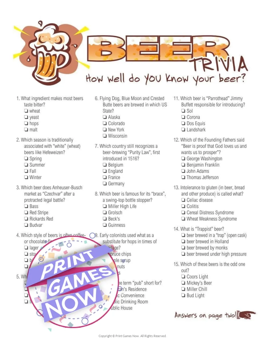 Printable Beer Facts Trivia Multiple Choice Party Game Print Games Now