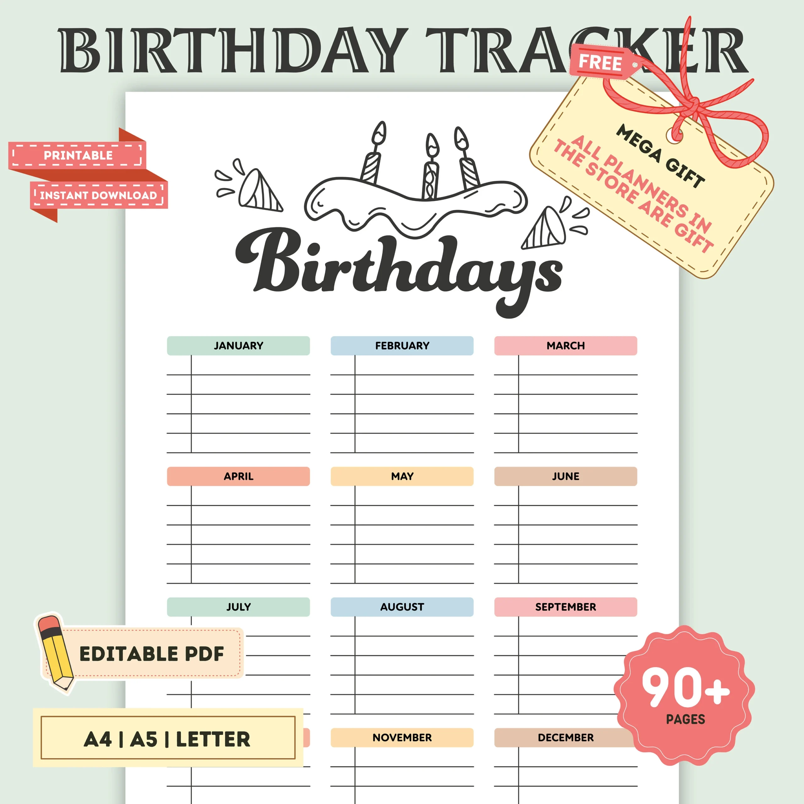Printable Birthday Tracker Editable PDF Chart A4 A5 Letter Etsy
