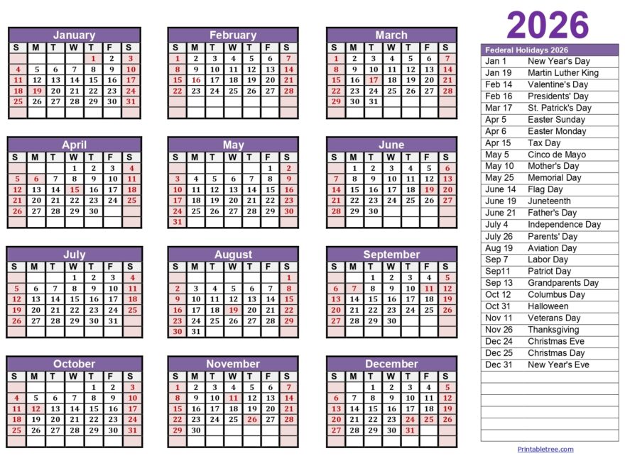 Printable Calendar 2026 One Page With Holidays Single Page 2026 Yearly Blank PDF Templates