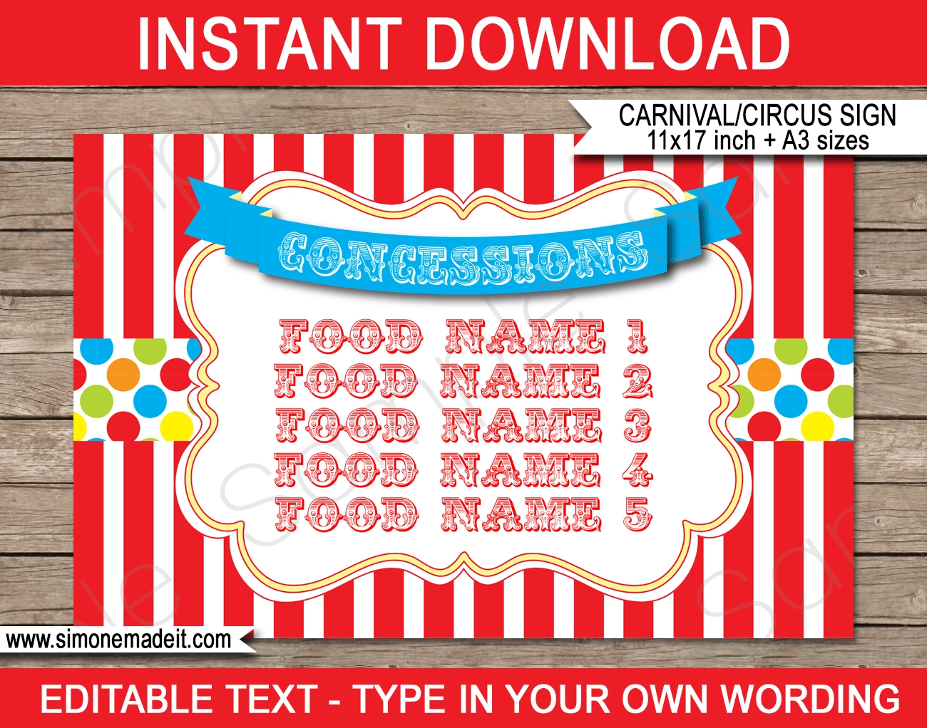 Printable Carnival Concessions Sign Template Circus Party Decoration