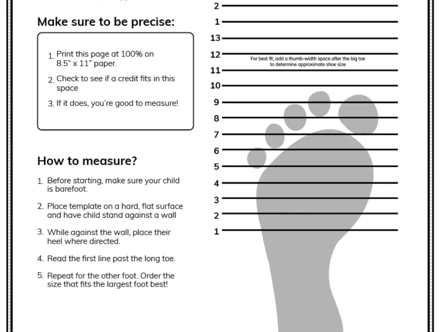 Printable Childrens Feet Measure Conversion Shoe Size Chart Kids Foot Measuring Ruler Adjustable