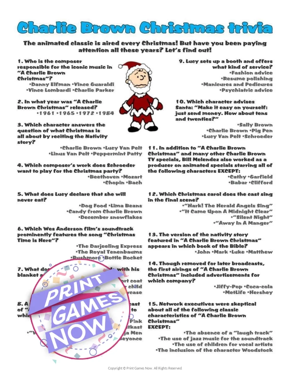 Printable Christmas Charlie Brown Trivia Party Game Print Games Now