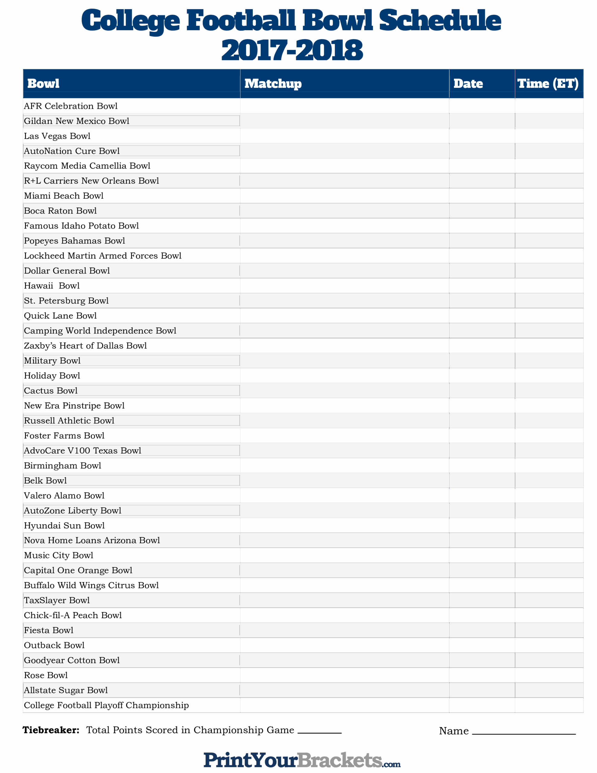 Printable College Football Bowl Schedule Templates At Allbusinesstemplates