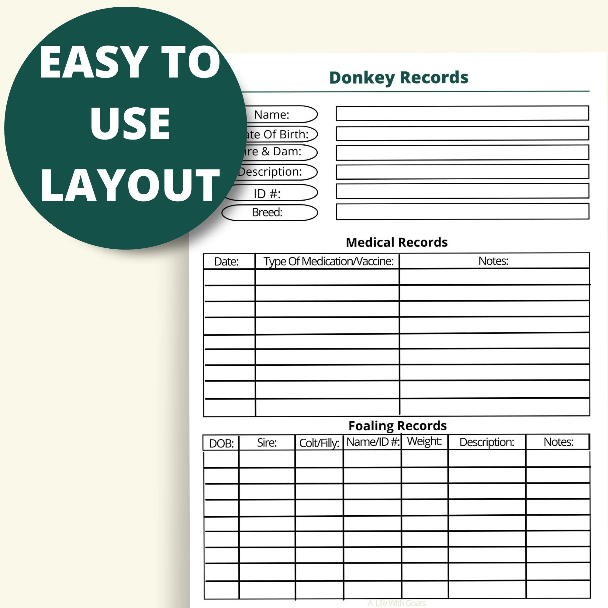 Printable Donkey Records Page Instant Download 8 5x11 PDF Homestead Donkey Care Tracker Sheet Donkey Herd Tracker Minimal Ink Etsy
