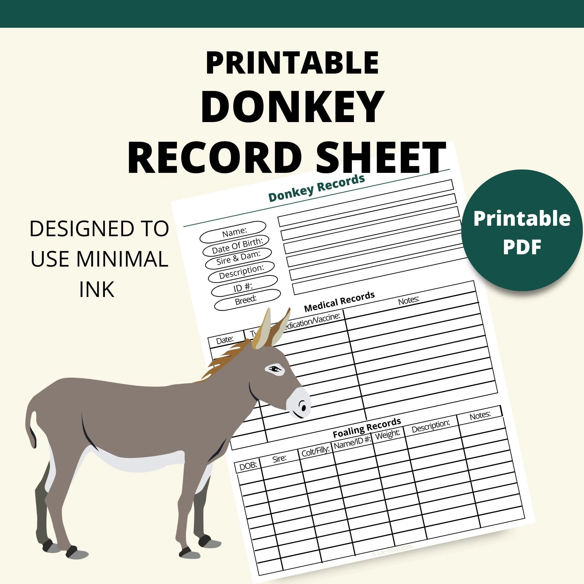 Printable Donkey Records Page Instant Download 8 5x11 PDF Homestead Donkey Care Tracker Sheet Donkey Herd Tracker Minimal Ink Etsy
